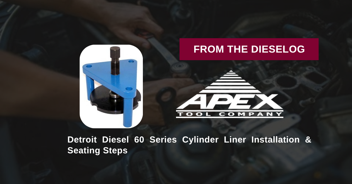 Step-by-step close up layout of liner installer tool mounted on a Detroit Diesel 60 Series engine block